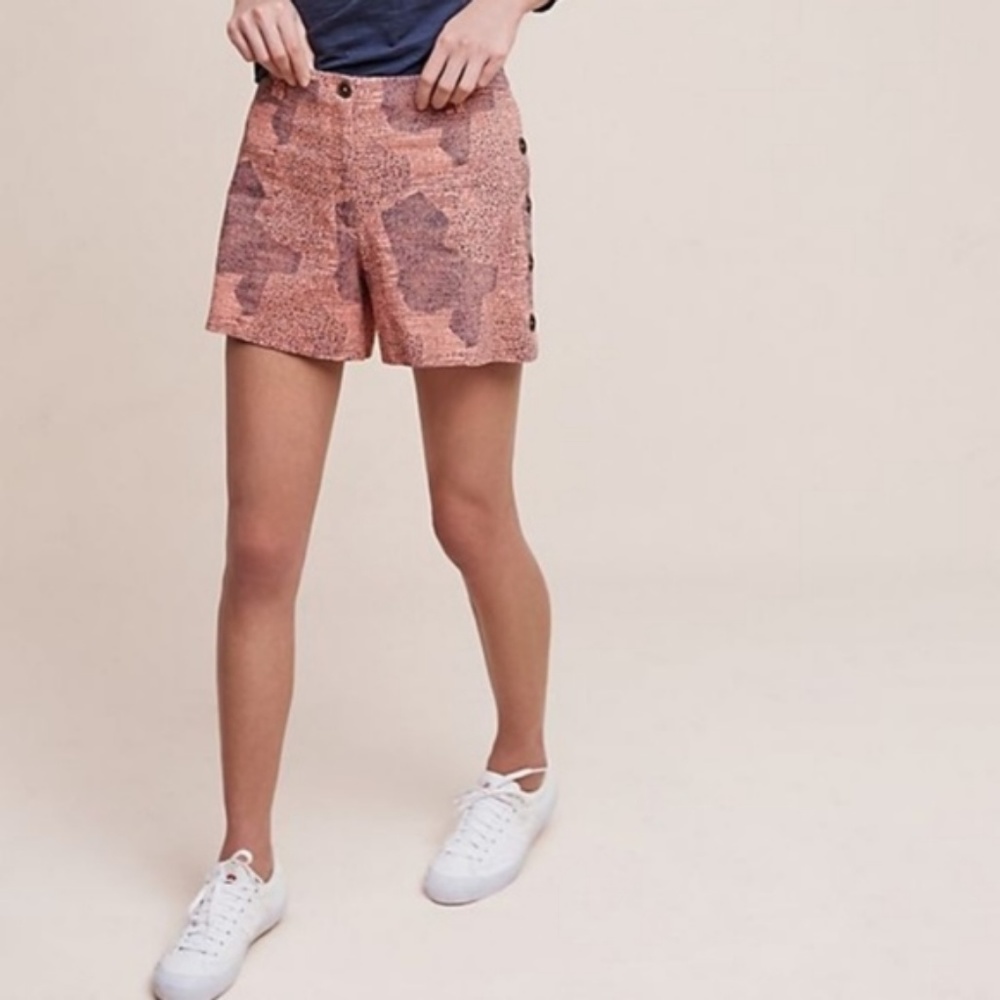 Anthro Cartonnier Patterned High Rise Side Button Shorts